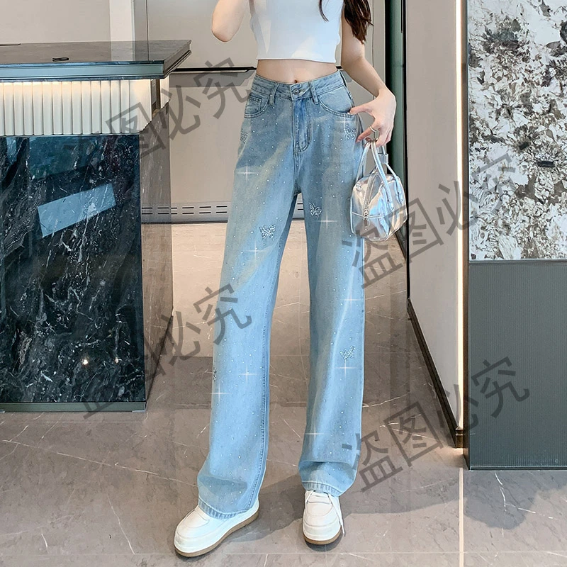 重工蝴蝶烫钻窄版直筒牛仔裤女夏季新款宽松显瘦垂感拖地裤子薄款