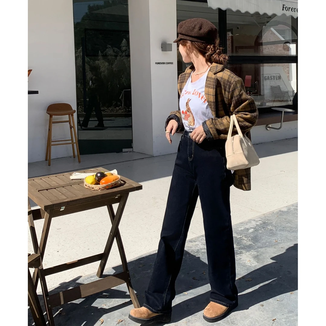 【牛仔外卖】冬季加绒丹宁黑金窄版直筒裤修身比例显瘦F952416