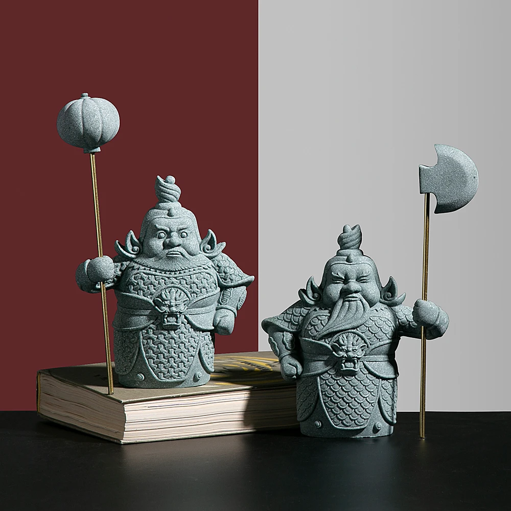 青砂石哼哈二将小摆件门神铠甲客厅桌面迷你鱼缸盆栽武将茶宠摆设