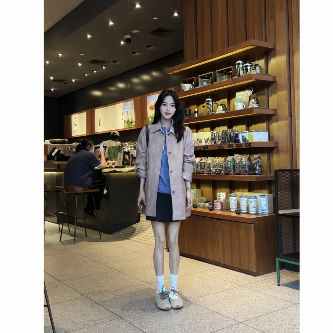 FAR ZOOM 胶片颗粒 粉色插肩袖宽松口袋中长款风衣外套-24253947