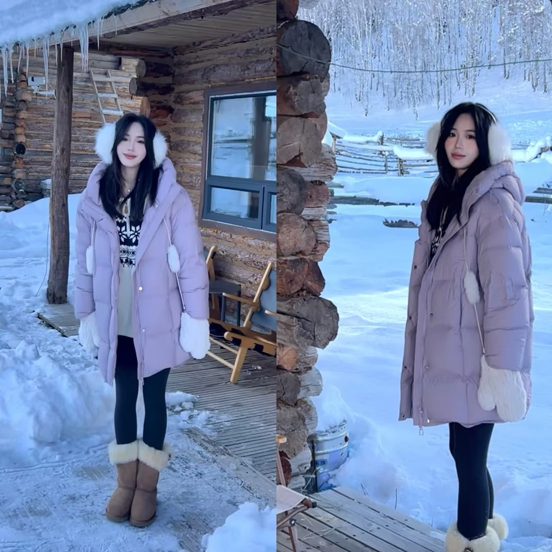 FAR ZOOM 2024冬新款韩版连帽中长款羽绒服软糯阔版显瘦外套女