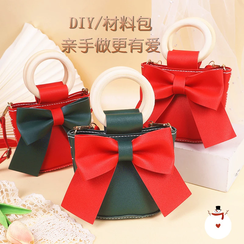圣诞节DIY蝴蝶结包女新款手工材料包手缝自制斜挎包手提水桶包