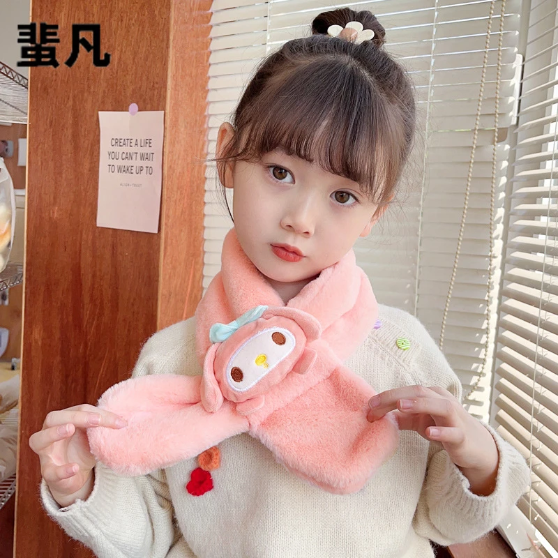 2024冬毛绒儿童围脖交叉加厚防风保暖可爱卡通亲子围巾