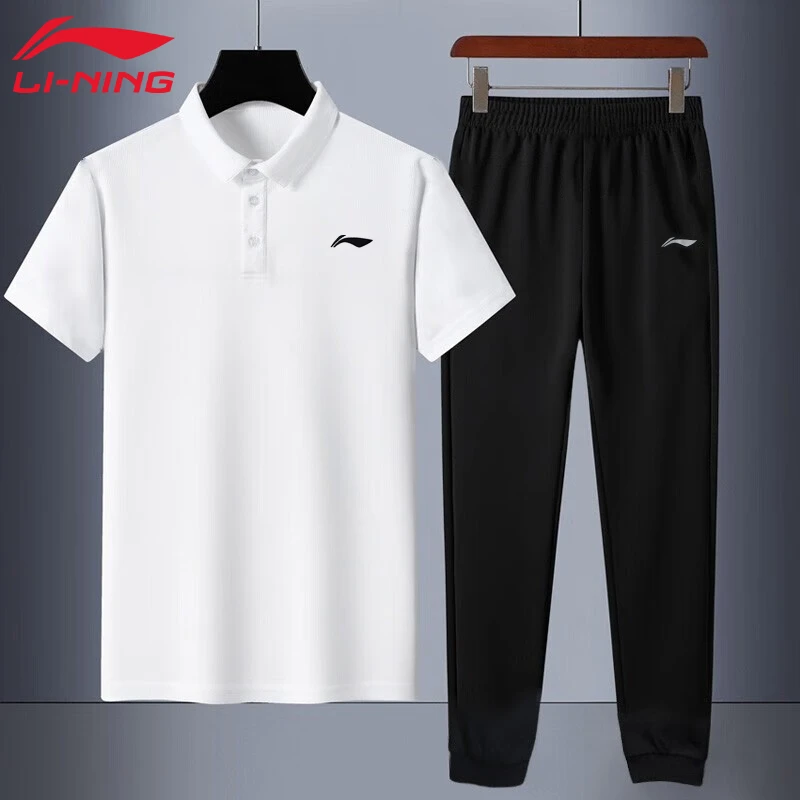 李宁运动套装男子速干翻领短袖吸汗长裤跑步夏装套装宽松健身休闲
