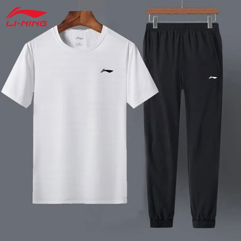 李宁两件套速干运动套装男士t恤透气夏季跑步健身休闲服 羽毛球系