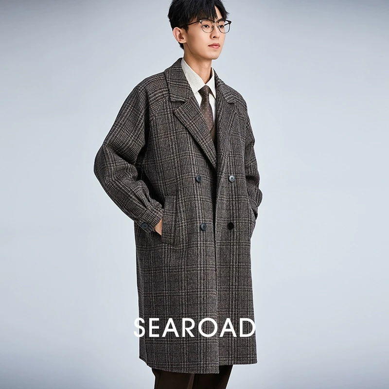 海上公路50羊毛双面呢亲王格大衣男秋冬季英伦复古撞色千鸟格外套
