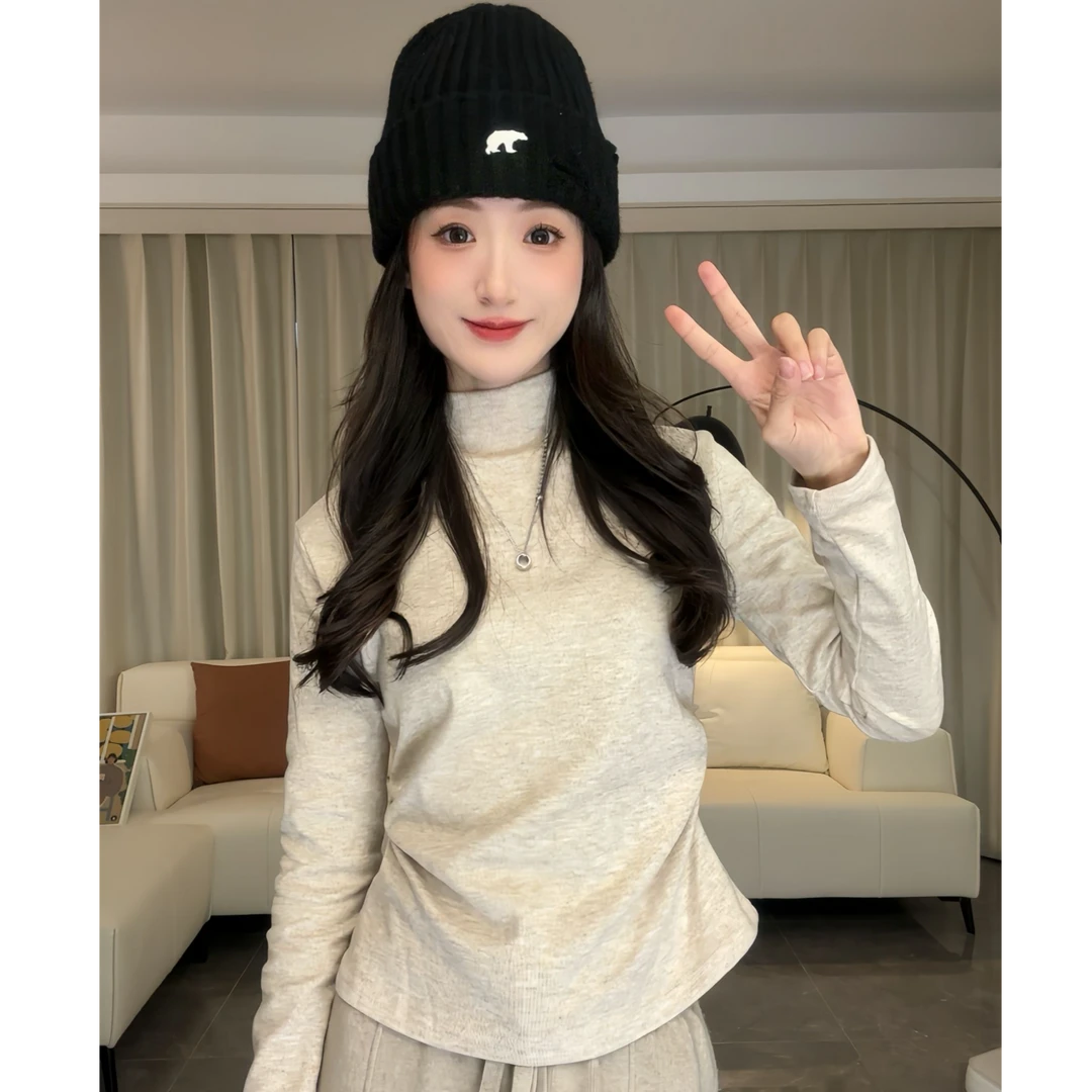 2024秋冬半高领加绒加厚打底衫女百搭洋气修身显瘦长袖T恤t上衣女