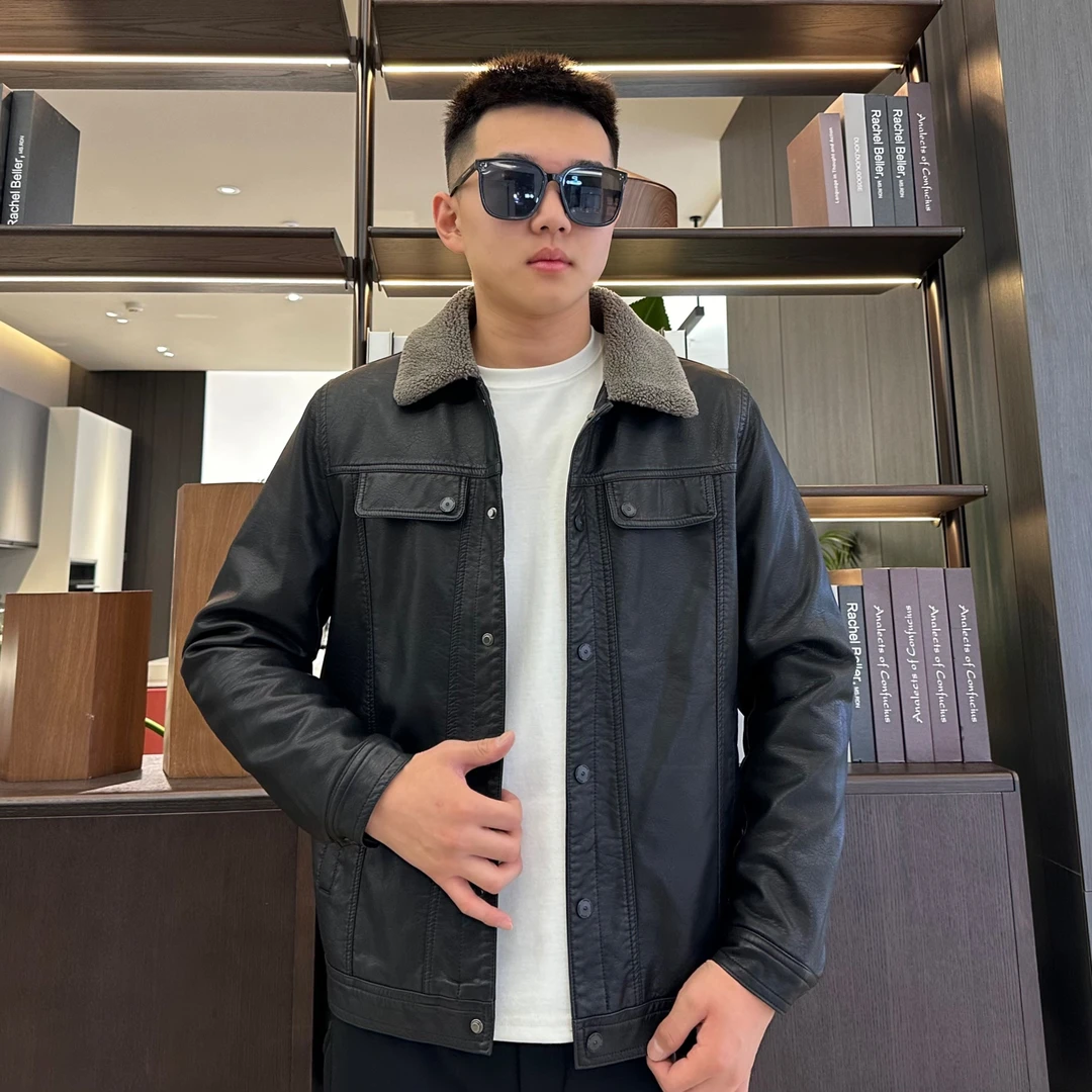 冬季翻毛领男士休闲皮外套时尚百搭潮流加厚商务翻领加绒保暖