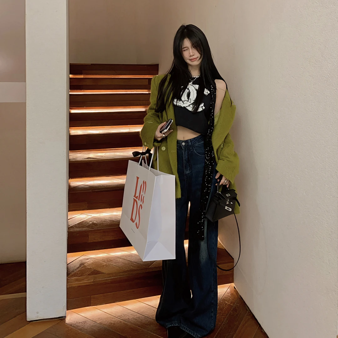 【IUIU ONLINE】韩女松弛蓝色直筒牛仔裤高腰秋冬款复古直通微喇裤