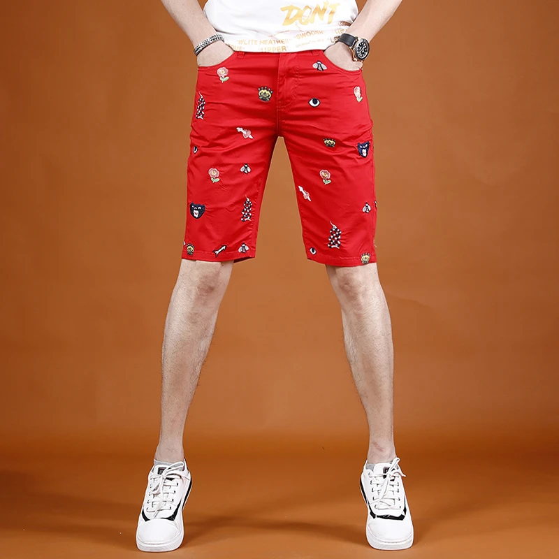 轻奢刺绣牛仔短裤男潮牌修身男士五分裤夏季薄款5分休闲中裤子男
