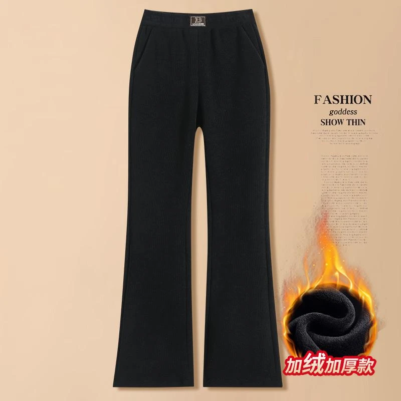 雪尼尔灯芯绒喇叭裤女秋冬季妈妈加绒微喇高腰显瘦羊羔绒保暖棉裤