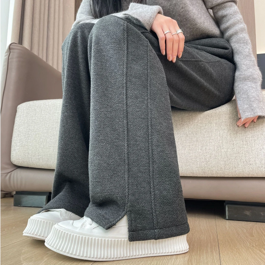 灰色直筒裤女秋冬加绒裤子女加厚人字纹毛呢女裤羊毛窄版阔腿裤女