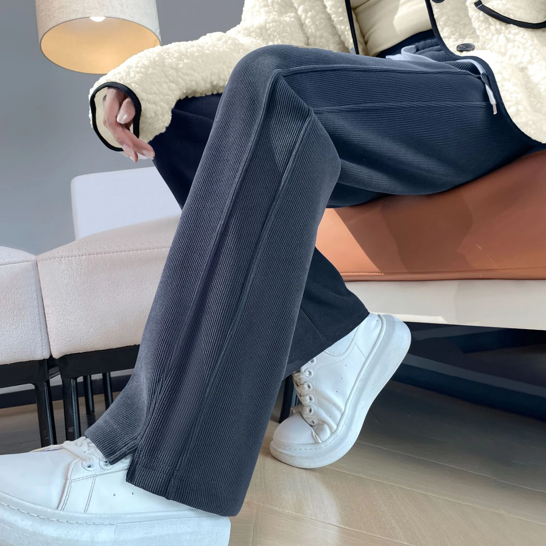 秋冬窄版阔腿裤女大码胖mm九分开叉外穿加厚加绒休闲直筒香蕉裤子
