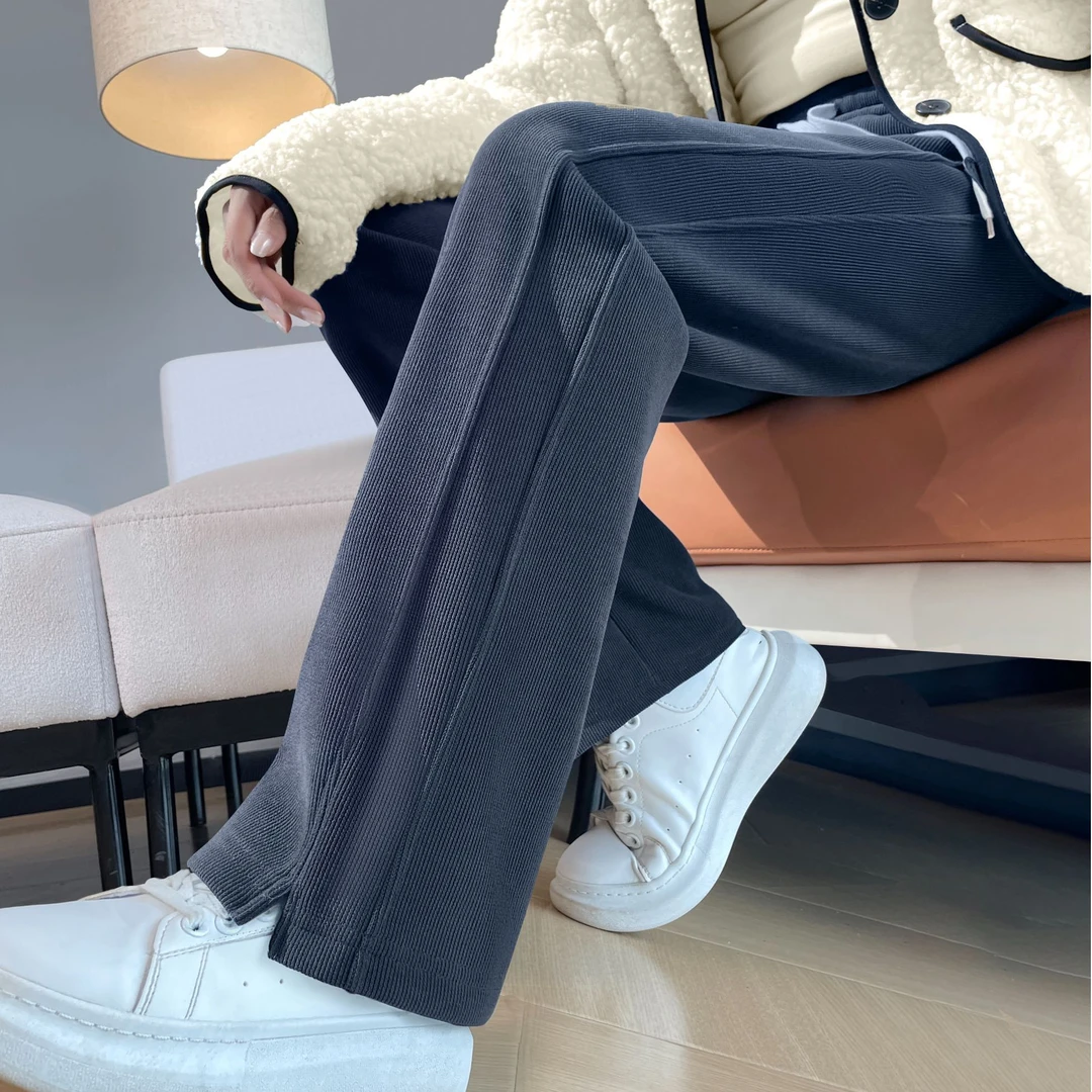 雪尼尔阔腿裤女秋冬季加绒加厚裤子女窄版直筒卫裤加厚休闲香蕉裤
