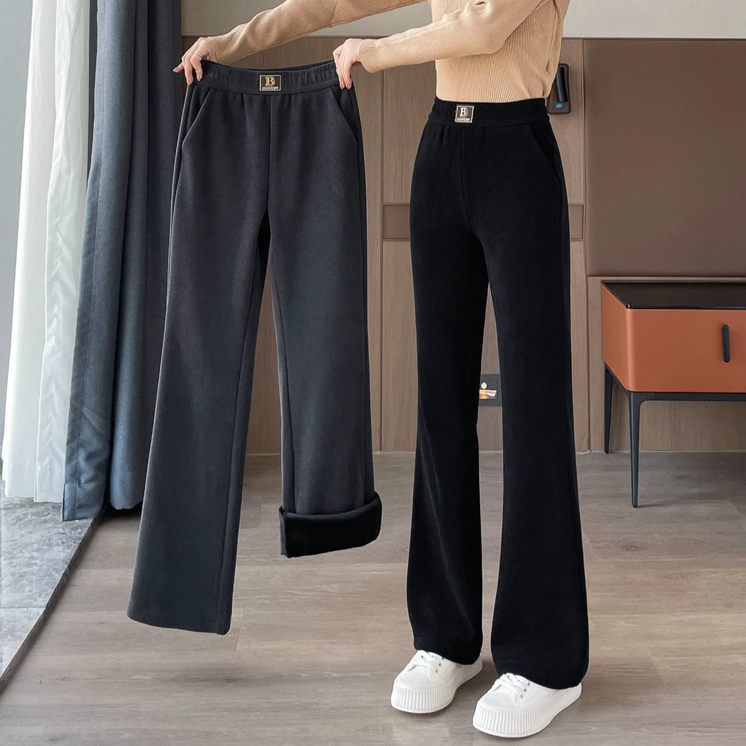 加绒喇叭裤女秋冬高腰冬季雪尼尔微喇裤女东北加厚羊羔绒直筒裤子