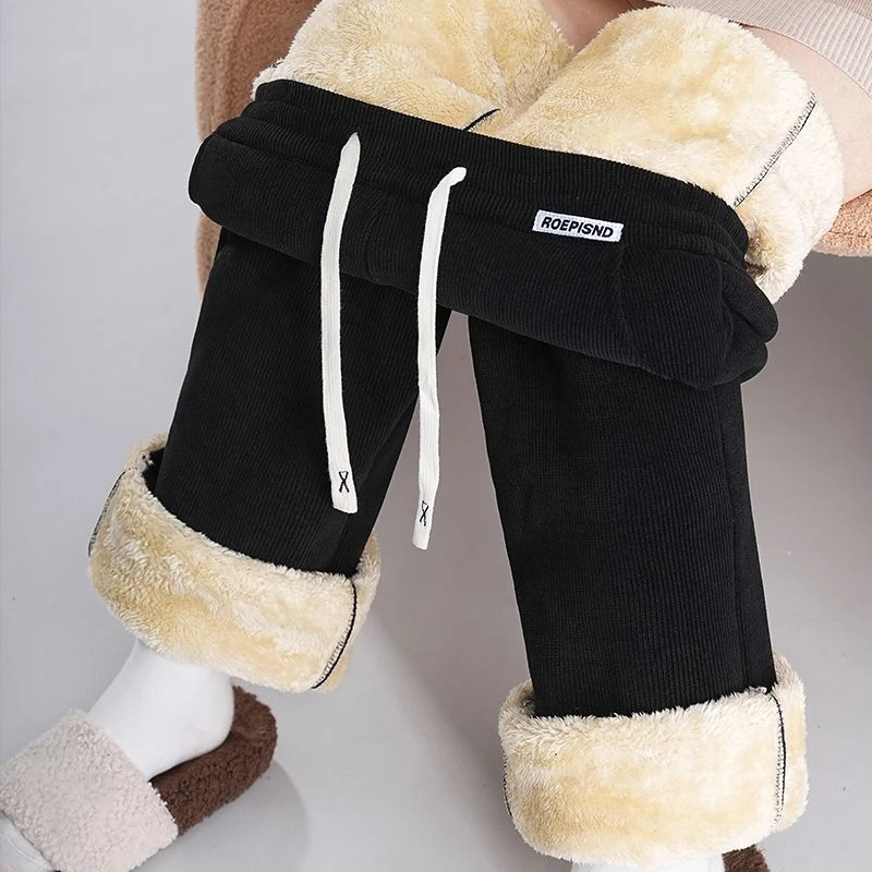 黑色窄版羊羔绒阔腿裤女秋冬加绒2025新款高腰宽松雪尼尔休闲直筒