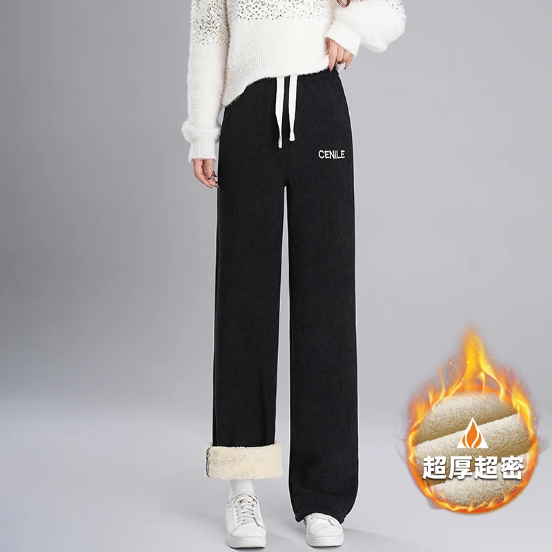 雪尼尔阔腿裤女秋冬季加绒直筒休闲羊羔绒加厚东北保暖棉裤子外穿