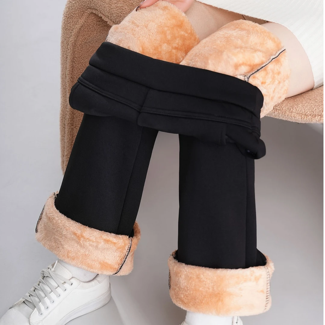 羊羔绒微喇叭裤女冬季加绒裤子2025新款阔腿加厚东北抗寒保暖棉裤