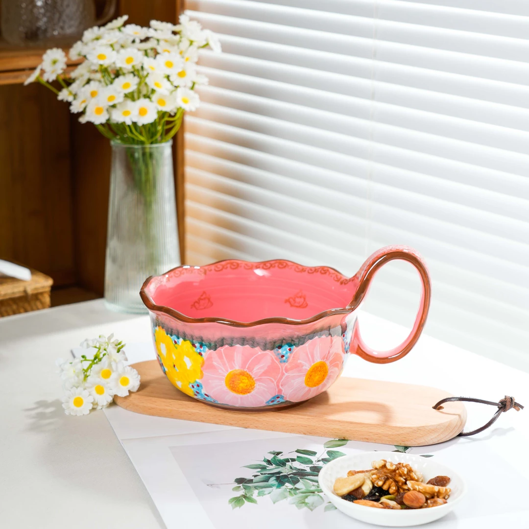 【SILESIA/出口原单】手绘樱花雪月-1000ml花边曲把碗