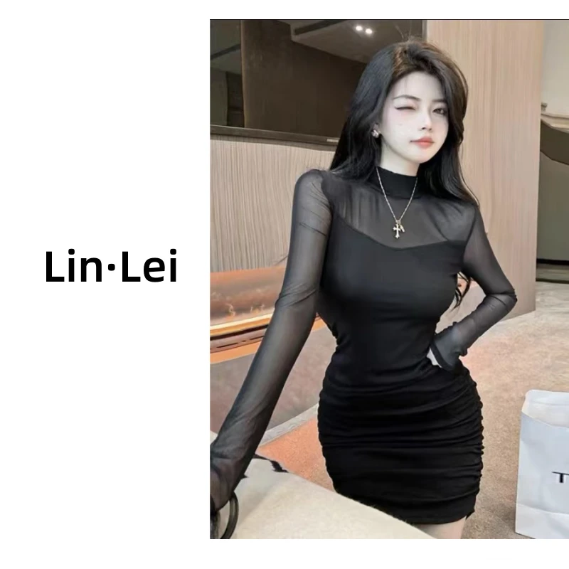 【Lin·Lei】性感辣妹圆领显胸小心机网纱拼接褶皱打底包臀连衣裙女