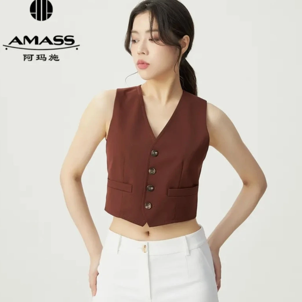 阿玛施AMASS新款绵羊毛经典通勤风短款小马甲外套5400880夏日穿搭