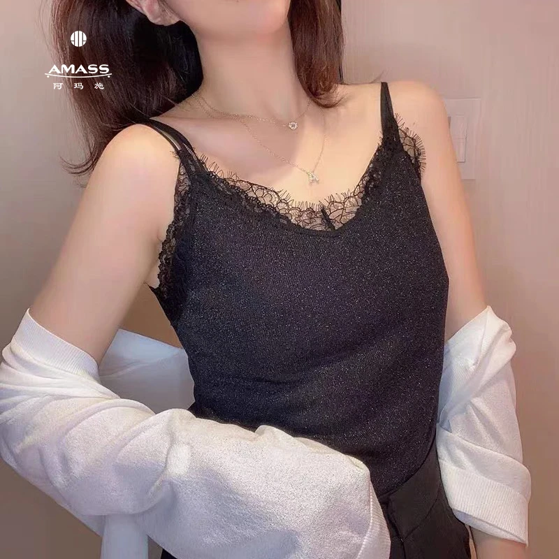 阿玛施AMASS新款时尚百搭显瘦V领蕾丝拼接无袖吊带背心女-5300516