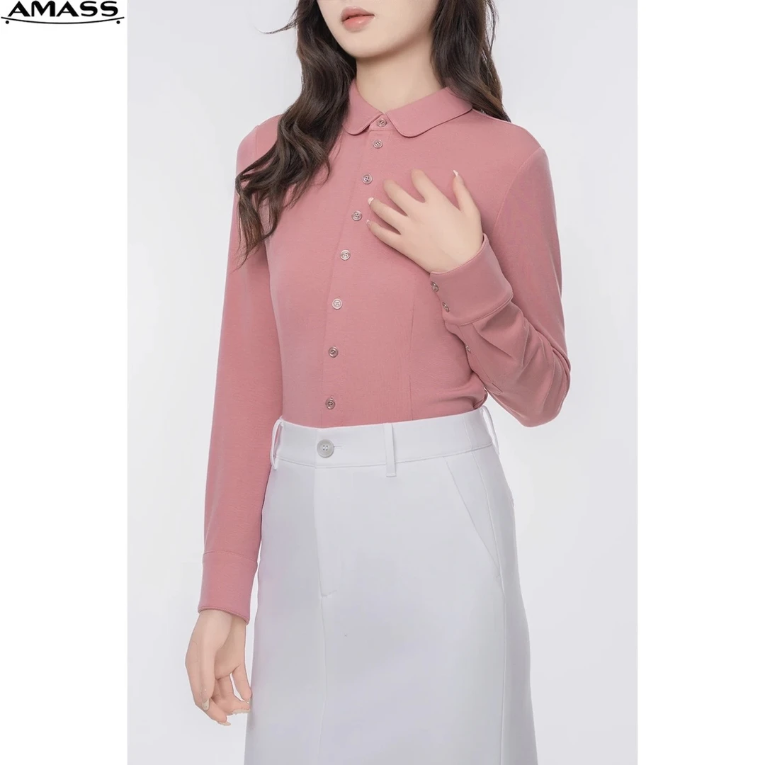 阿玛施AMASS新款轻职场气质简约单排扣长袖条纹修身衬衫女5300528