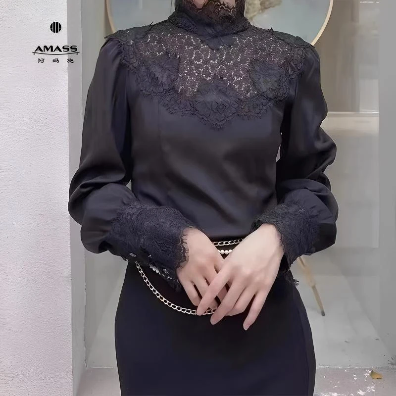 阿玛施AMASS秋季新款女装宫廷风立领蕾丝拼接收腰长袖上衣5300798
