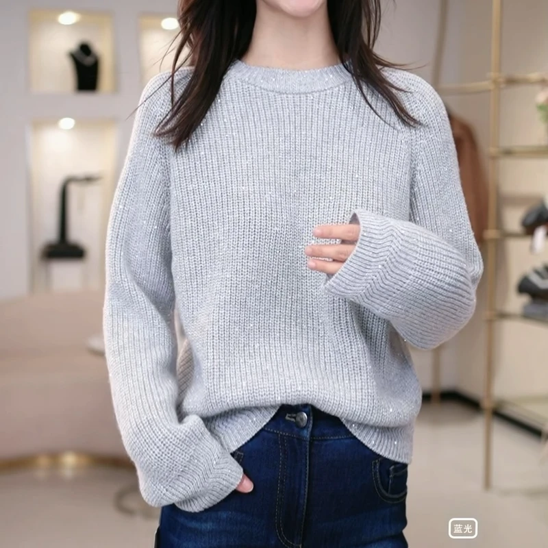 阿玛施AMASS2024秋季新款时尚百搭宽松显瘦亮片长袖针织衫5399756