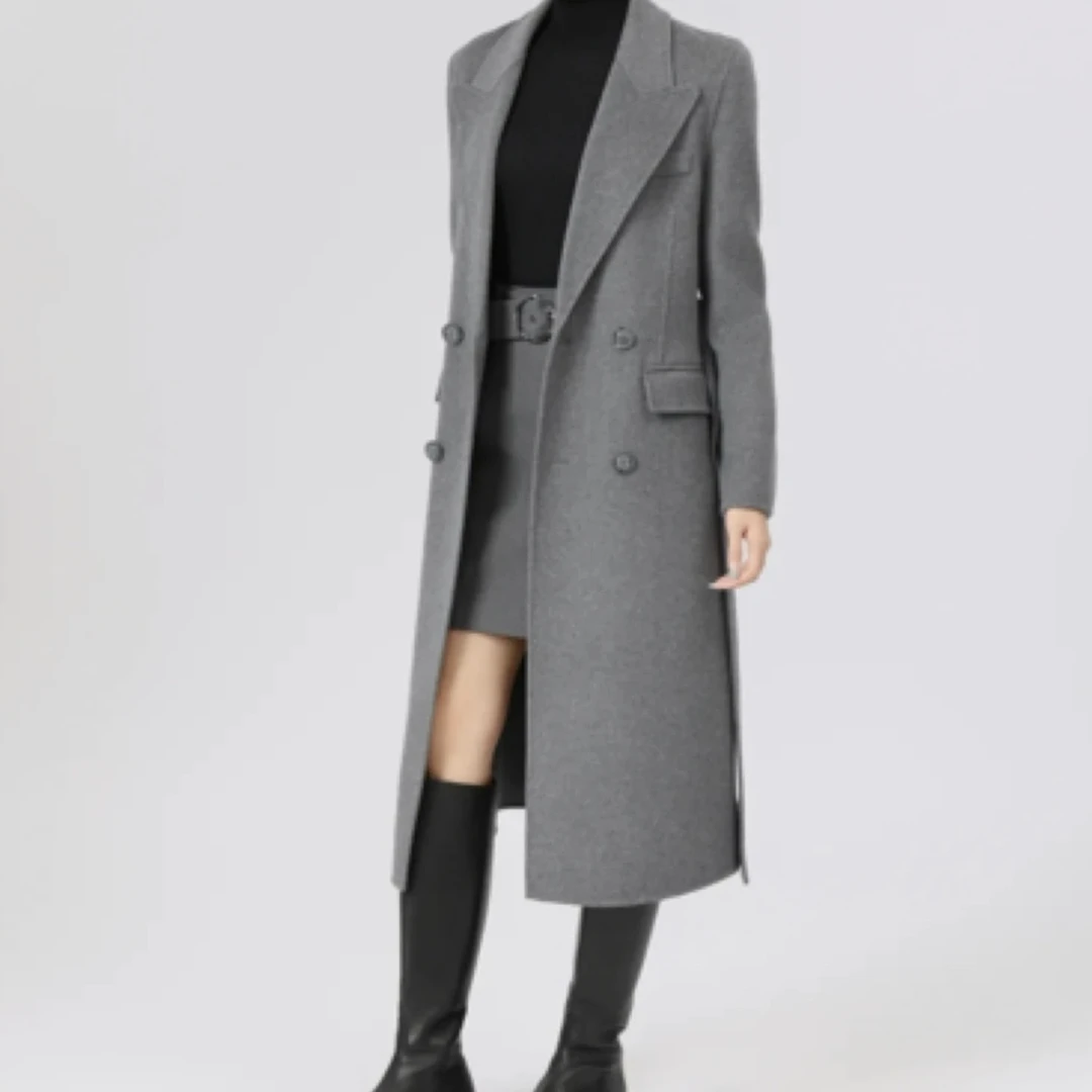 阿玛施AMASS新款时尚经典双排扣绵羊毛双面呢大衣5400860（附腰带）