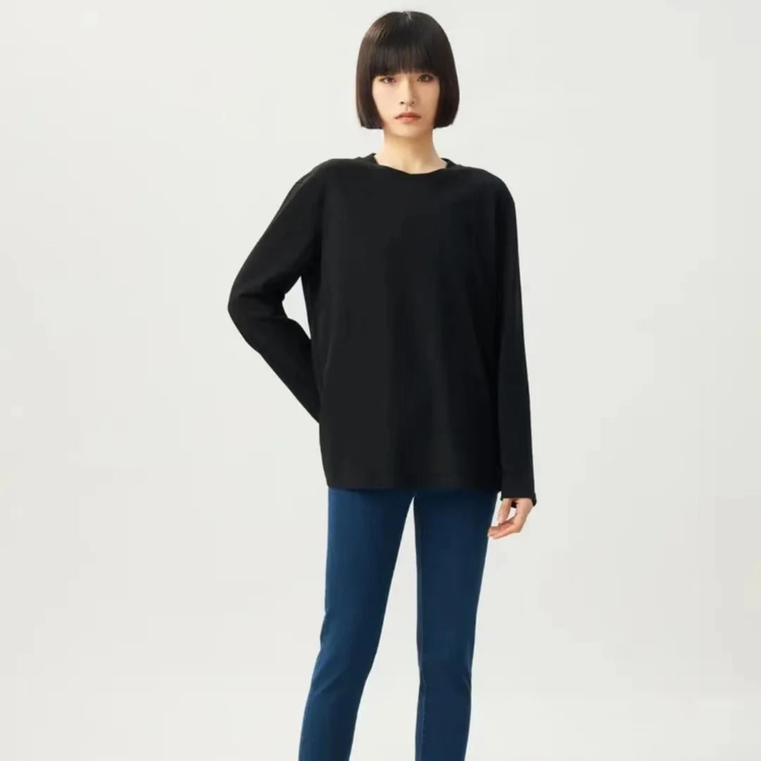 阿玛施AMASS新款经典纯色百搭圆领素面宽松休闲长袖T恤女-5300890