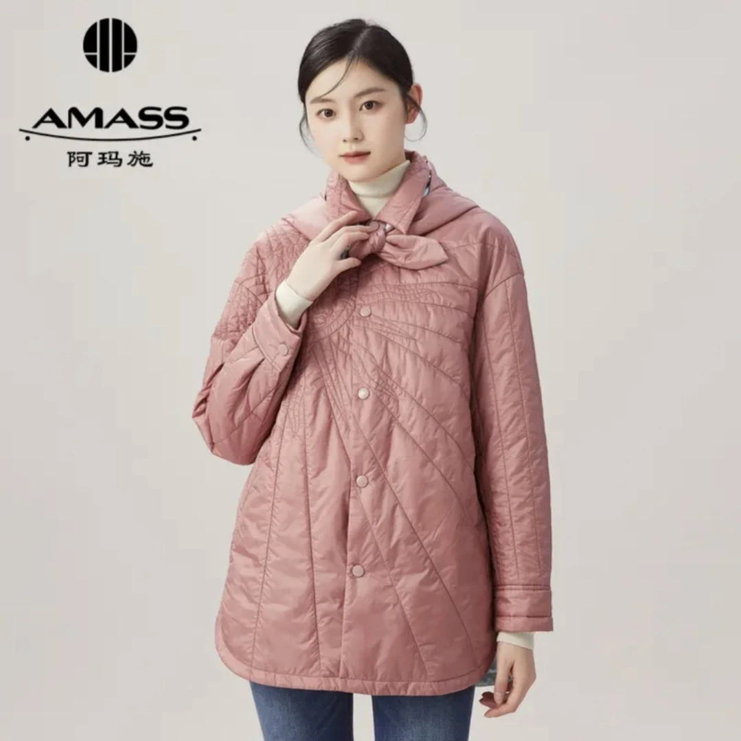 阿玛施AMASS新款女装质感时髦宽松柔软压线花纹棉服5400711附帽子