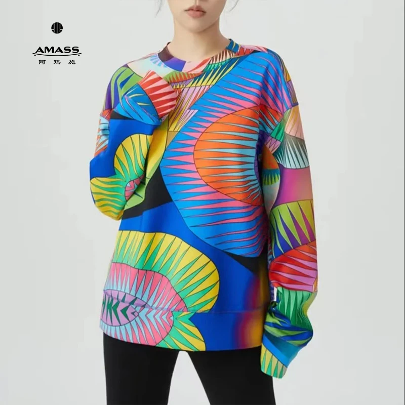 阿玛施AMASS新款时尚百搭圆领彩色七巧板长袖宽松卫衣女装5300746
