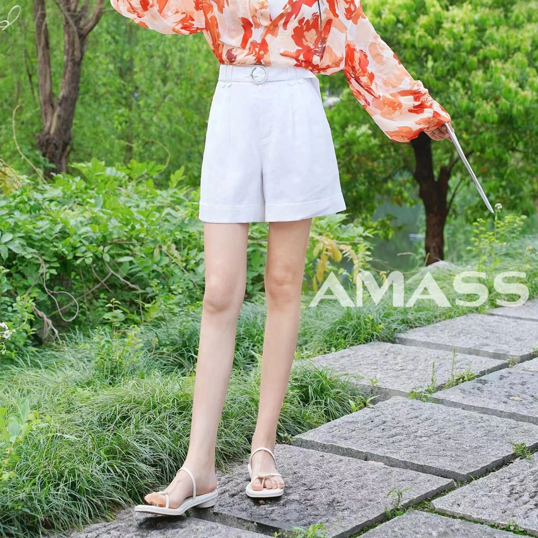 阿玛施AMASS新款百搭气质文艺风休闲亚麻西装短裤5100522薄荷曼波