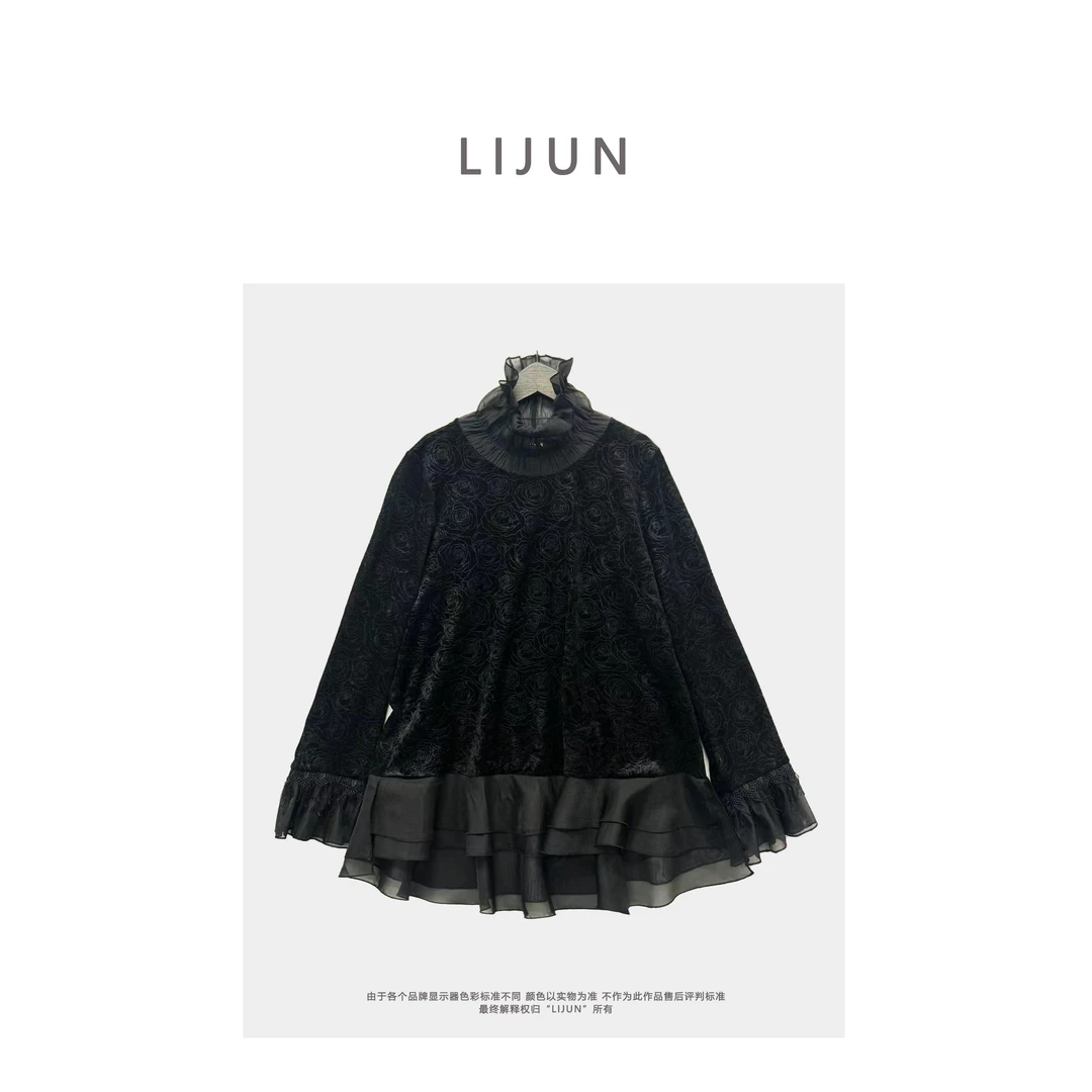 1138篱君秋冬丝绒拼纱打底衫设计师时尚百搭宽松黑色长袖打底上衣