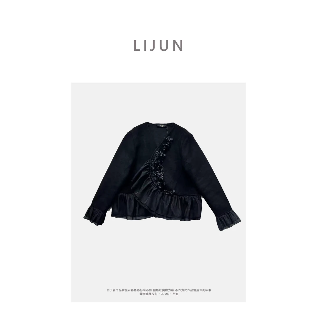 1048篱君秋冬新款女士上衣外套长袖时尚黑色荷叶边设计感外套