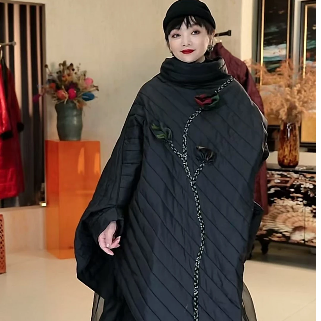 1743篱君秋冬新款玫瑰藤曼套头棉服时尚小众设计感黑色宽松棉裙女