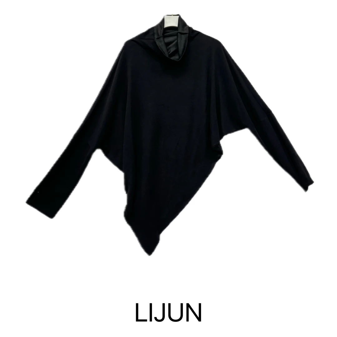 1298篱君秋季新款蝙蝠袖打底上衣时尚百搭黑色显瘦不规则打底衫女