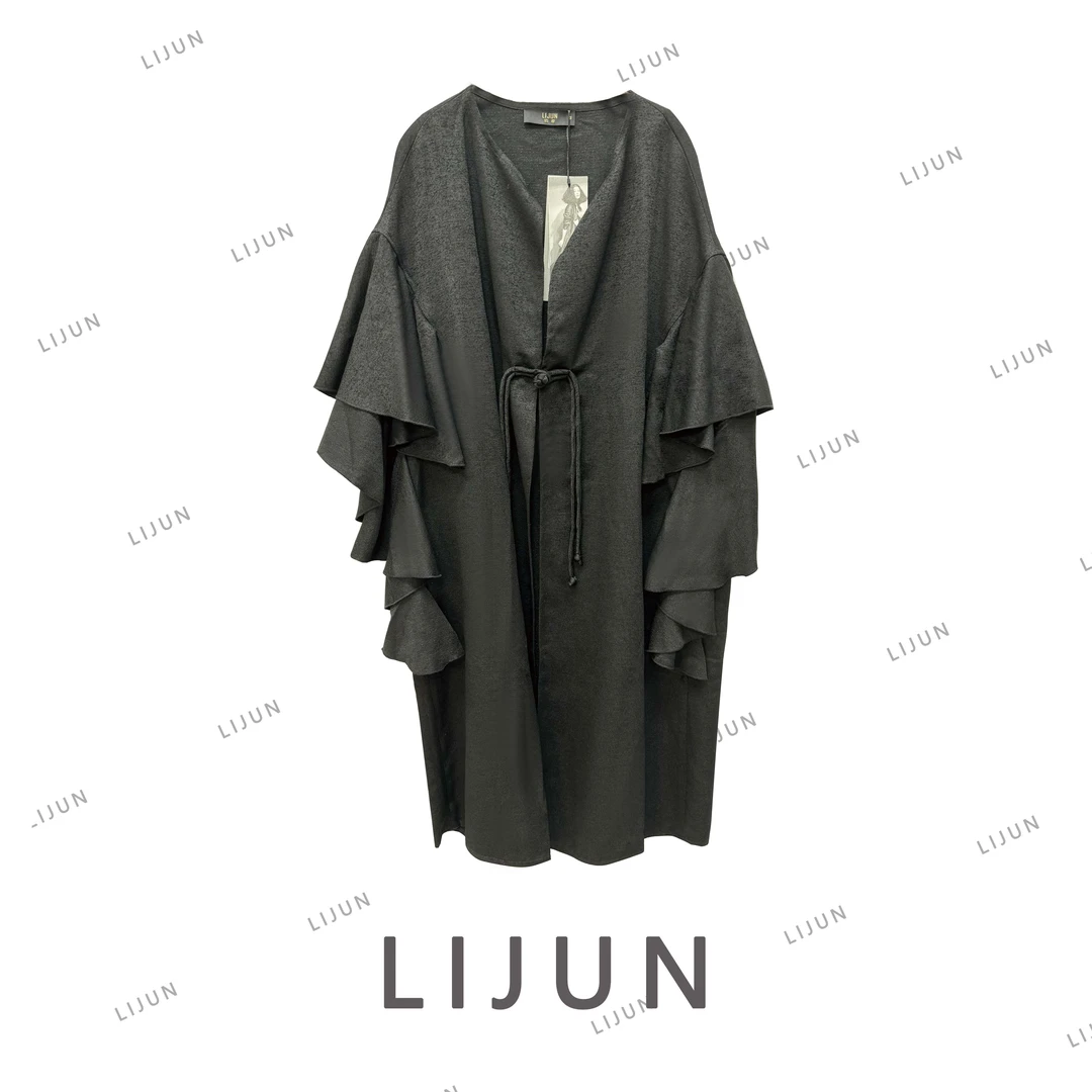 662篱君秋冬季国风大衣黑色气质中式盘扣花边荷叶袖赫本风外套