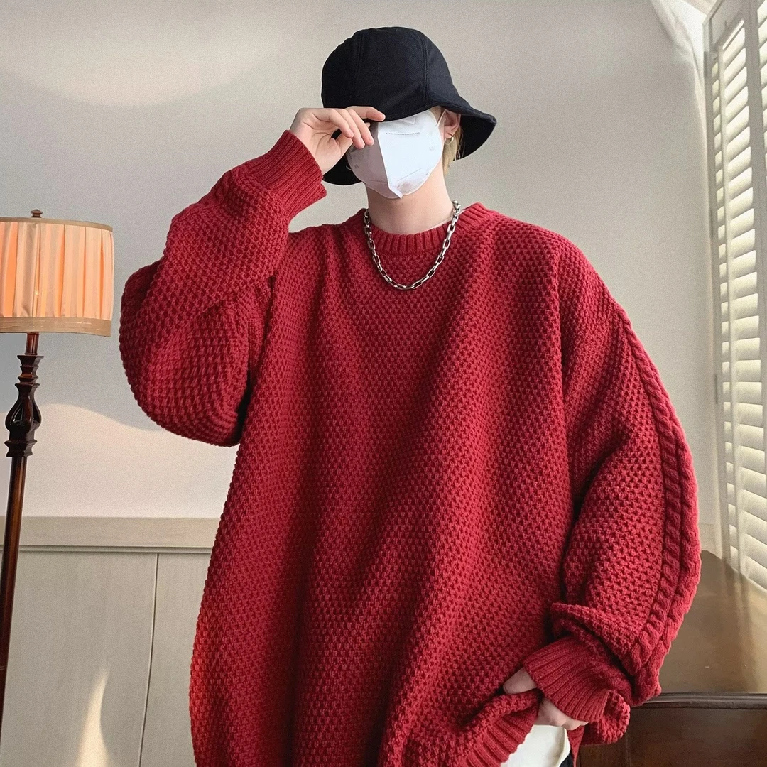 酒红色重磅毛衣慵懒高级感男秋冬季美式华夫格外套粗线麻花针织衫