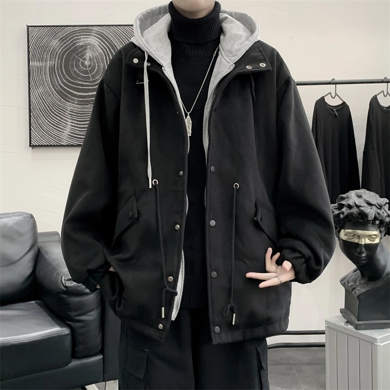 冬季oversize美式假两件棉服外套男潮牌ins港风加厚情侣连帽棉衣