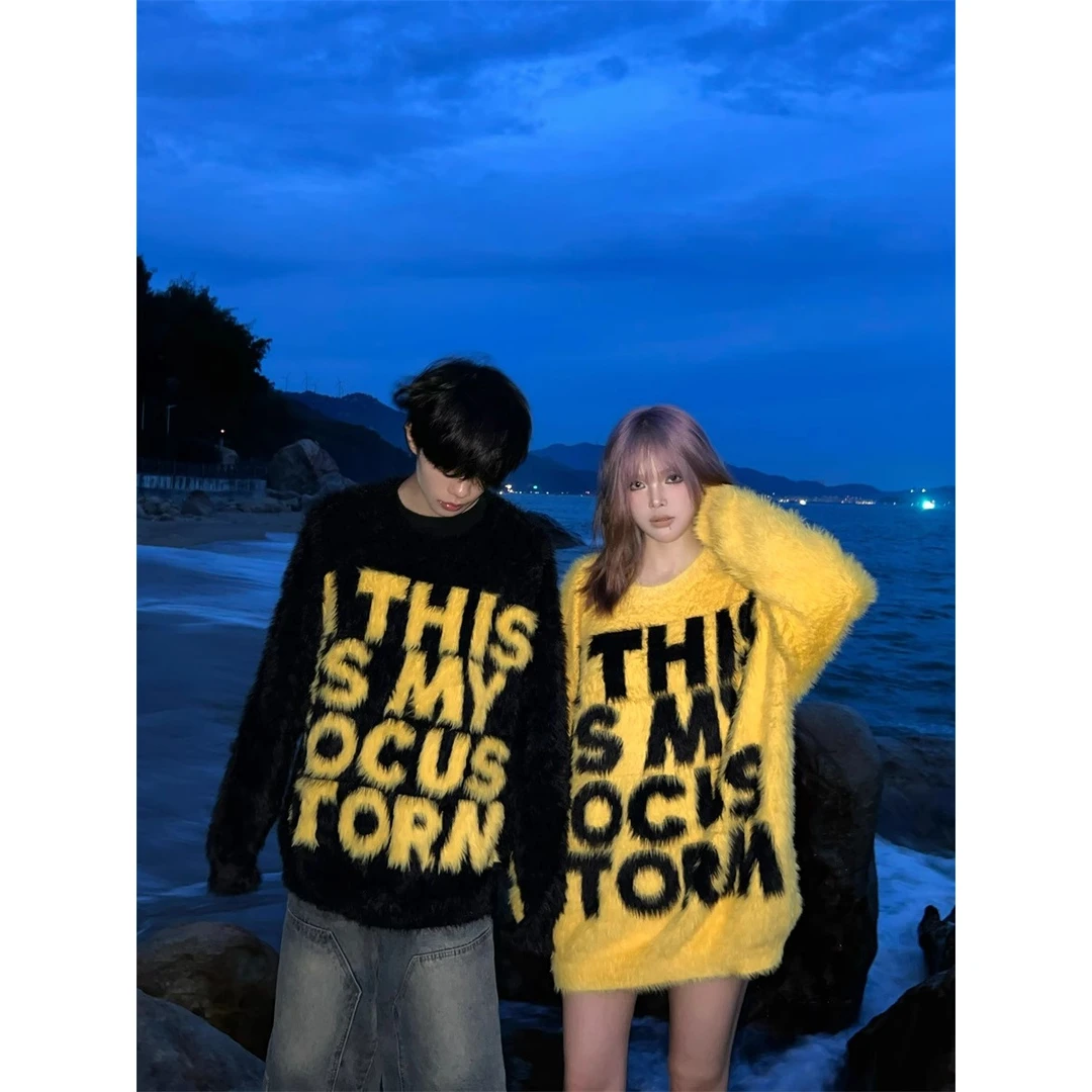 美式复古街头字母扎染毛衣男女2024秋季国潮宽松百搭情侣帽衫外套