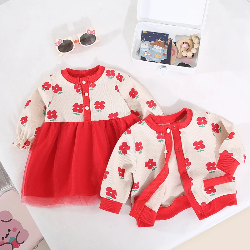 女童套装春秋新款韩版满印花花裙花朵乐园两件套女童套装