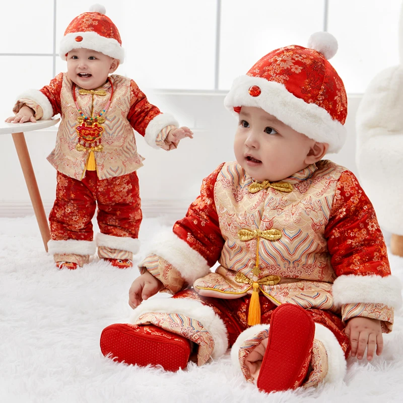 儿童唐装秋冬婴儿棉衣套装加厚男女宝拜年服男童抓周服中国风7107