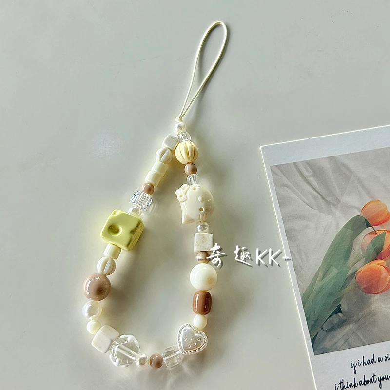 原创ins可爱奶酪kt猫手机壳挂绳ccd链条手工串珠相机挂饰钥匙扣