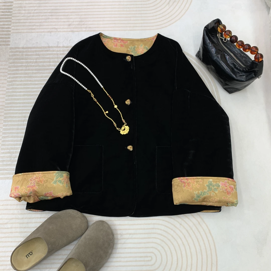 Miss.Z【撞色拼接黑色丝绒两面穿】加棉外套#w68696