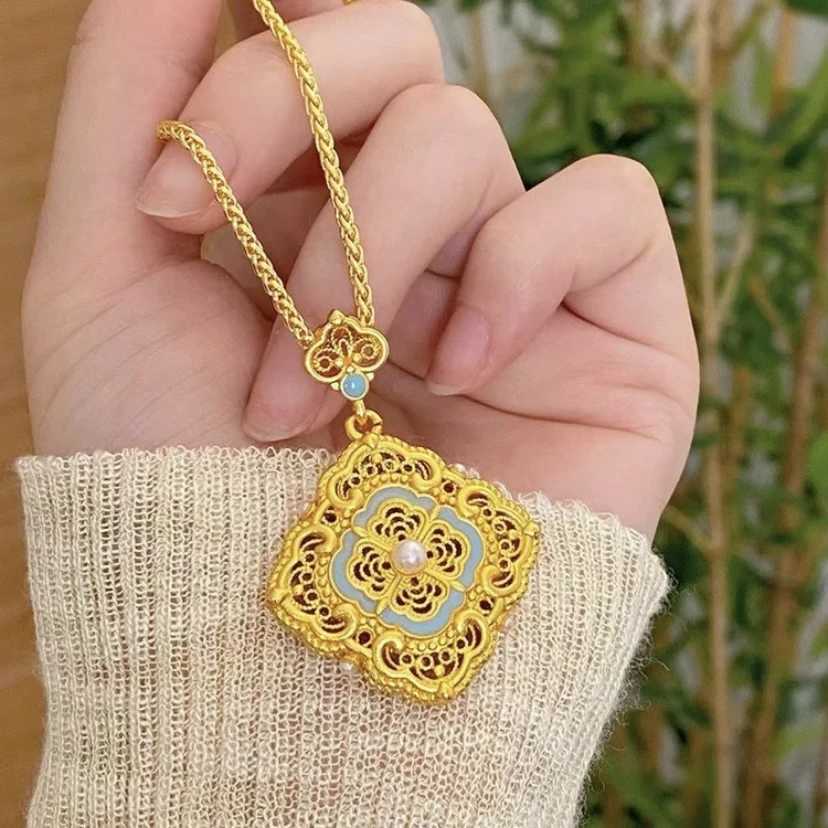 非金属布艺项链 四盒如意花~珍珠镶嵌吊坠#0259