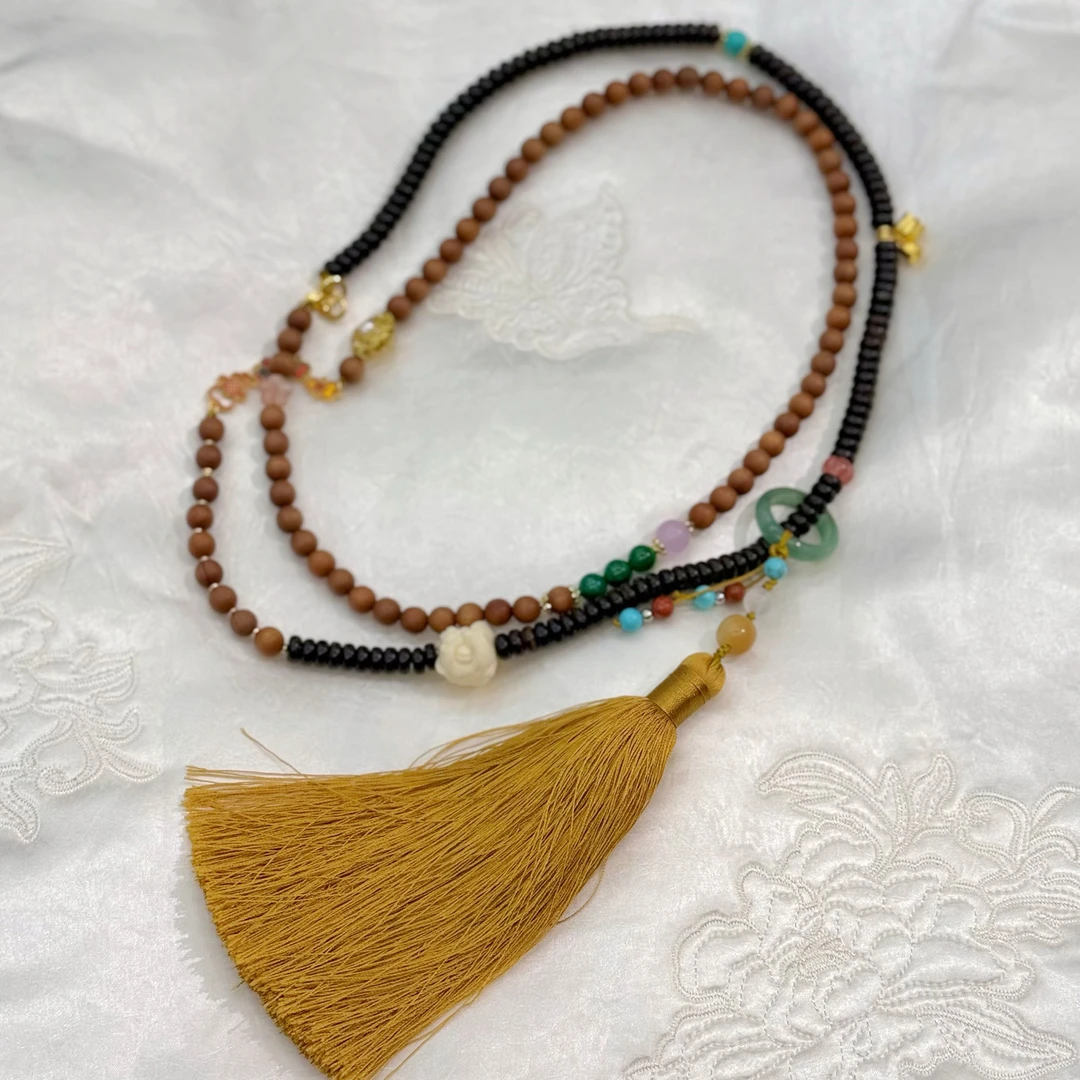 非金属布艺项链 主播同款芭比檀木斜挎拼接珠链#1110