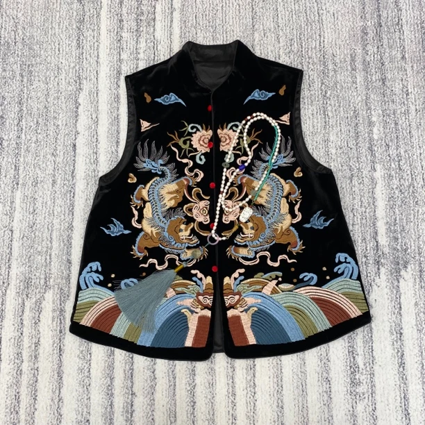 Miss.Z【中式立领龙纹刺绣高品】丝绒马甲#9127