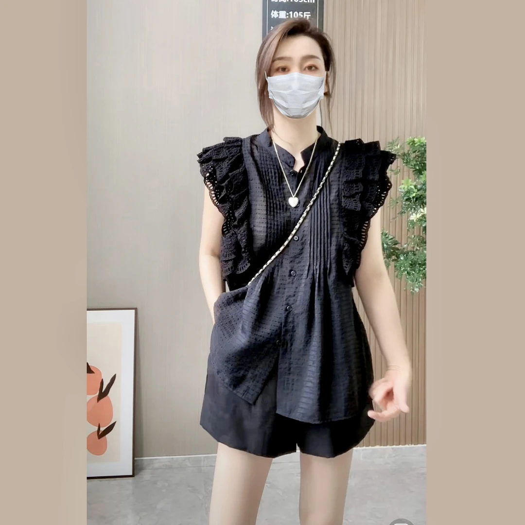 Miss.Z【轻薄气质蕾丝边显瘦】无袖衬衫#7502